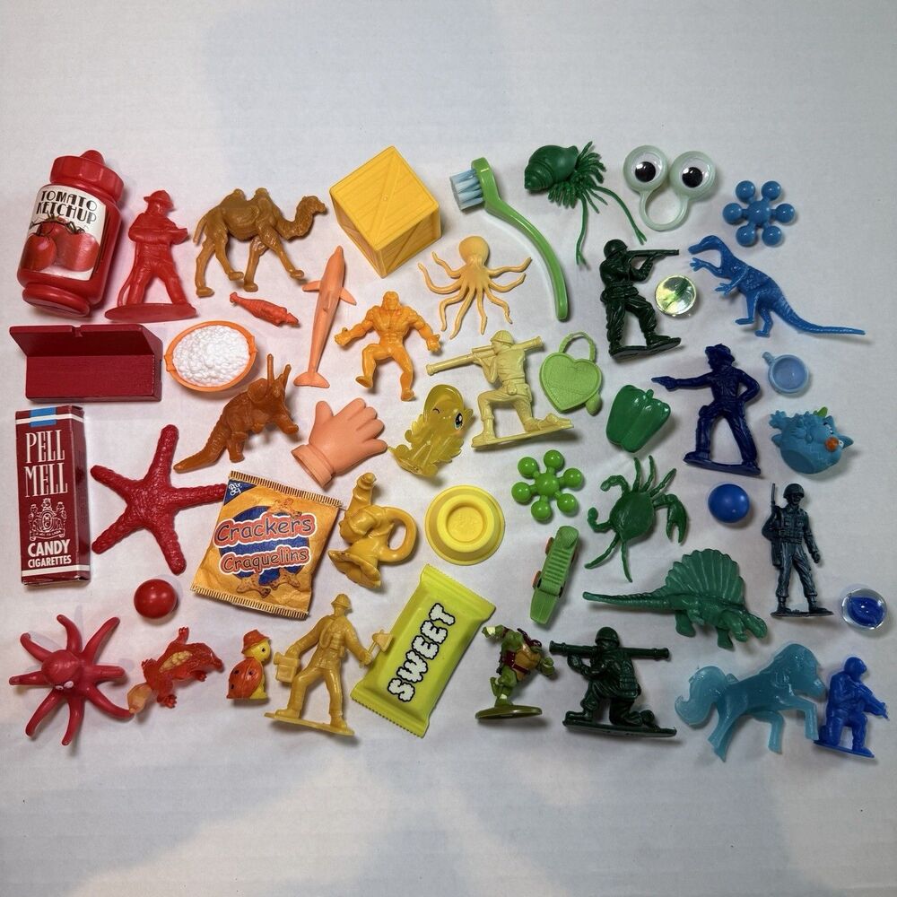 Miniature Trinkets Mini Item Mixed Lot Toys Game 48 Pc Vintage Rainbow Colors